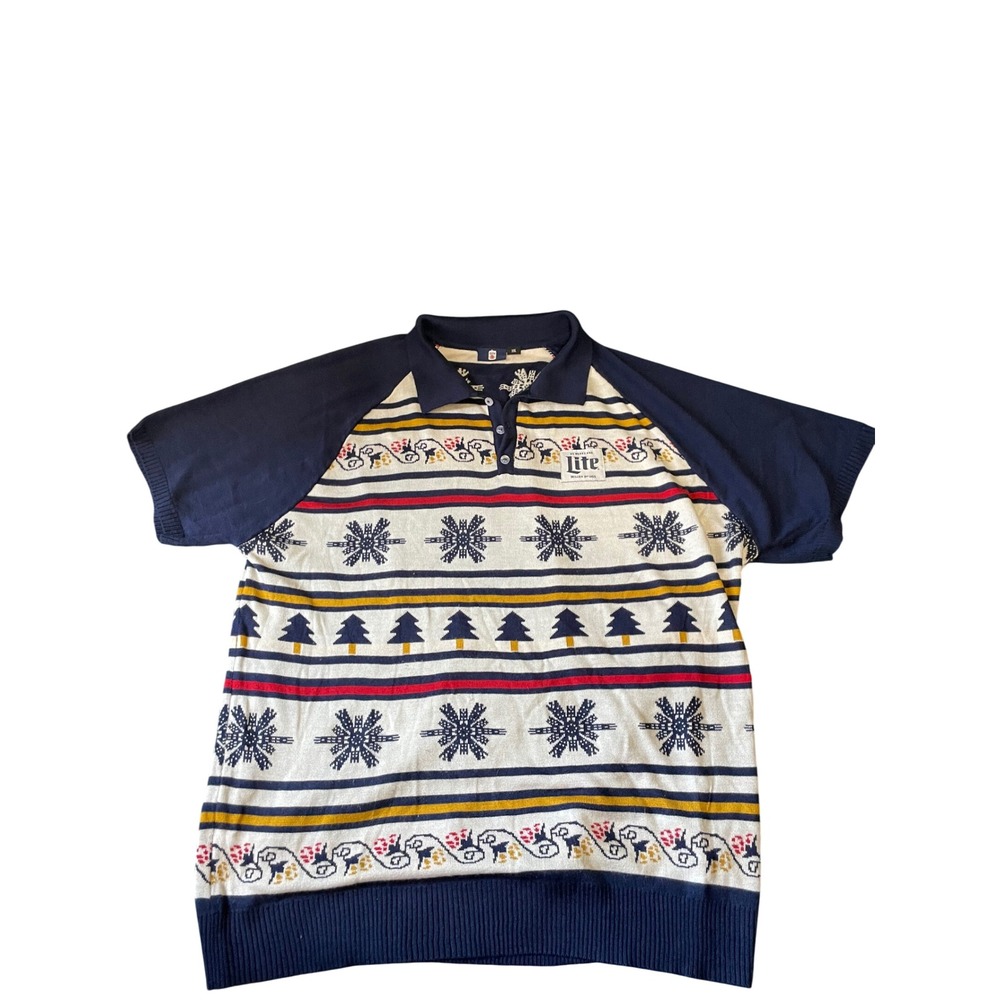 Miller Lite Ugly Christmas Sweater Polo Shirt‎ Short Sleeve Knit XXLarge